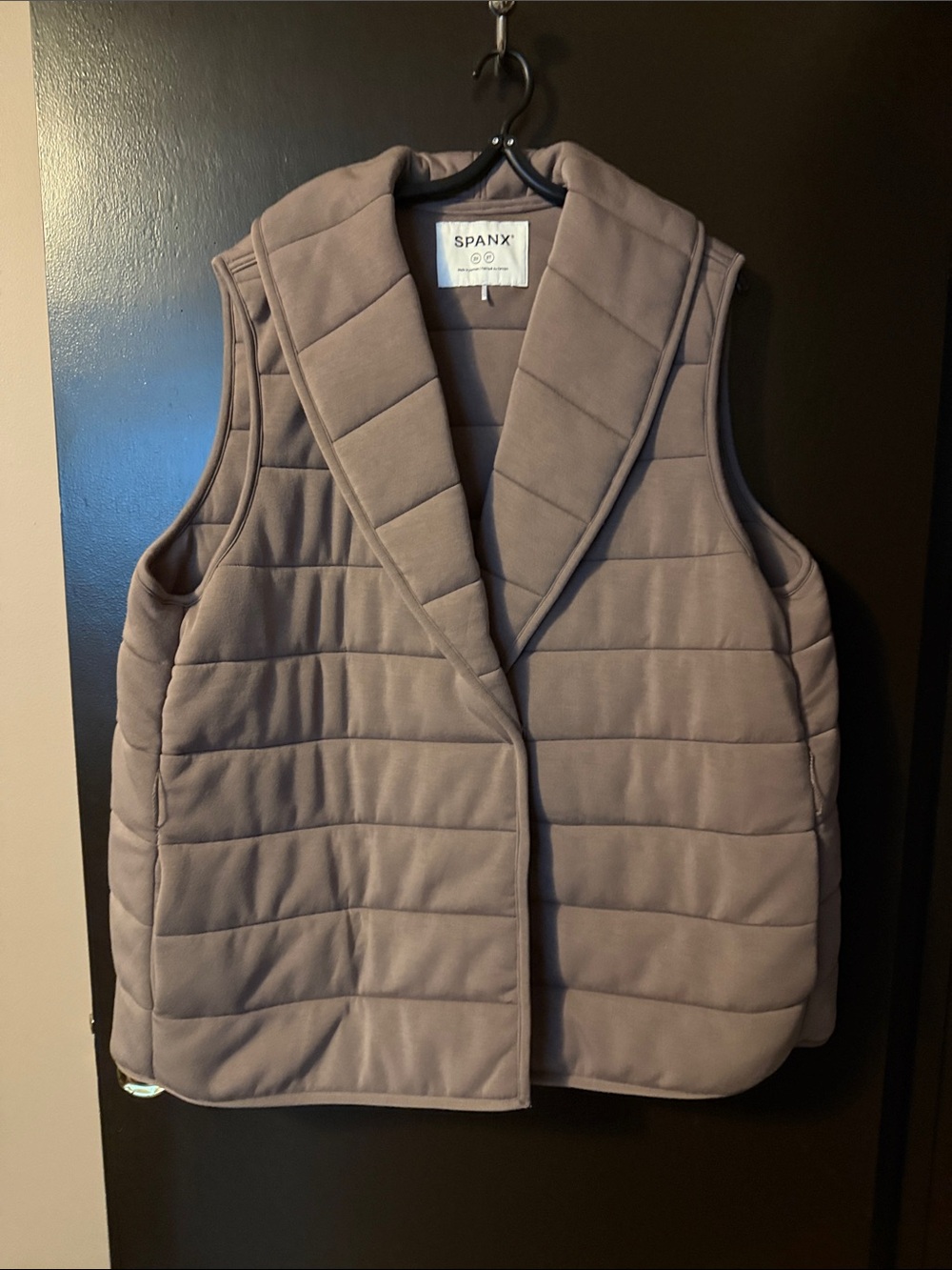 SPANX Quilted Shawl-Collar Vest in Taupe. Missing the cloth tie belt .
